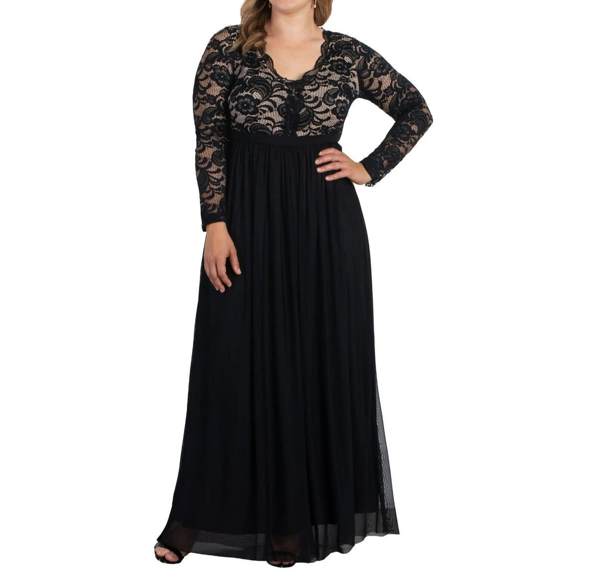 NWT $238 Kiyonna Onyx Jasmine Lace Bodice Long Sleeve Maxi Dress Size 0X