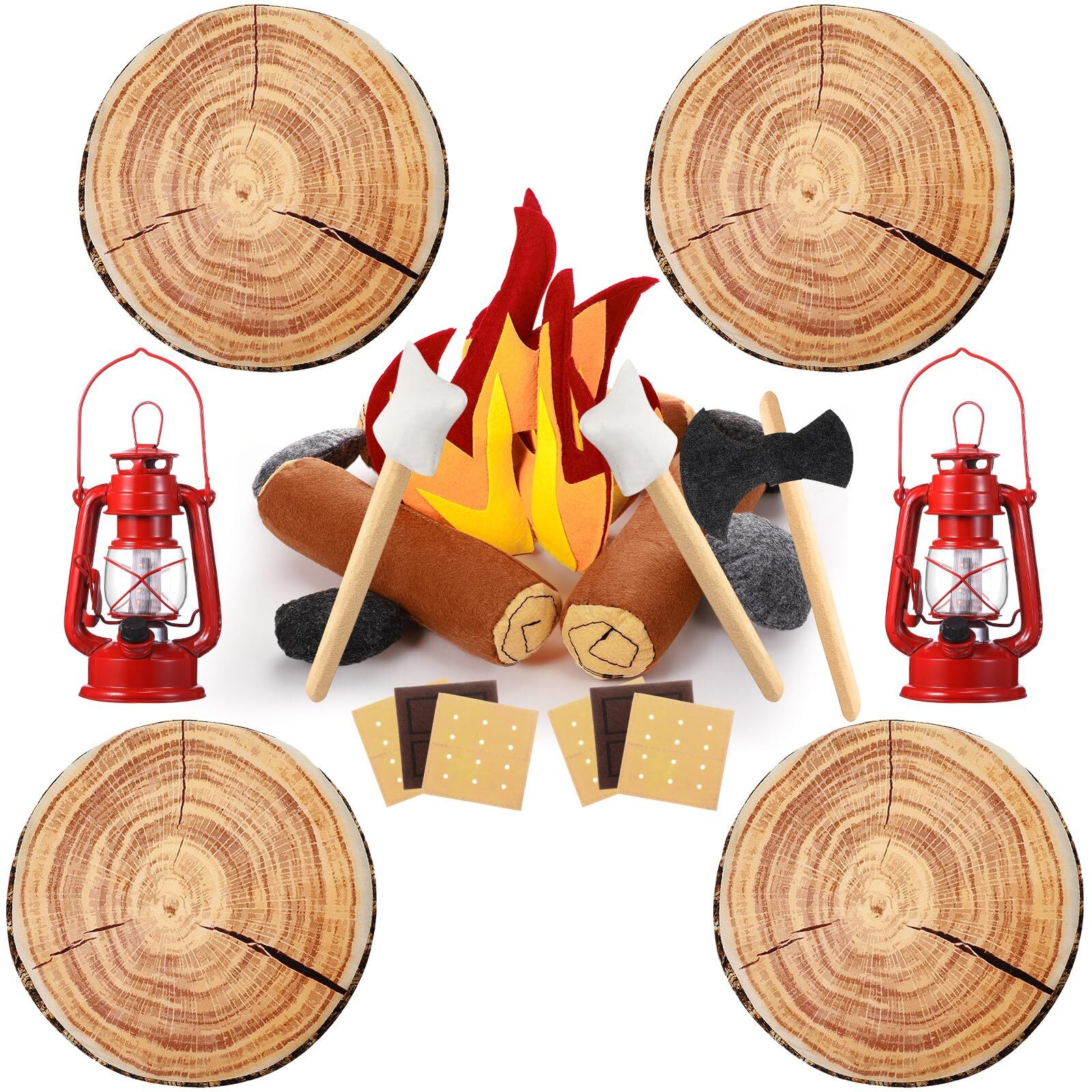 26 Pcs Pretend Camping Play Set Fake Campfire Felt Toys Wood Patten Throw Pil...