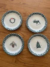 4 Folk Craft Holiday Pines Tienshan Dessert Plates Pine Cone Wreath Moose 7 5/8”