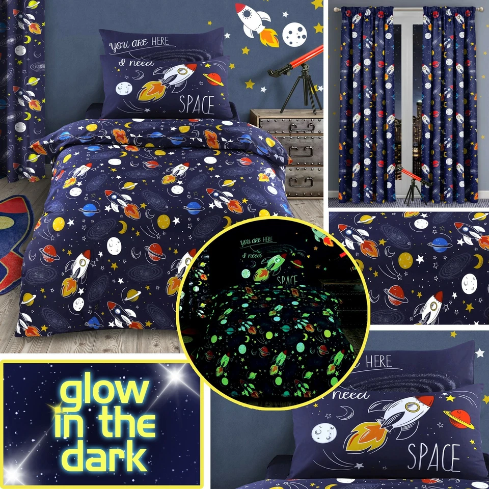 Space Theme Glow In The Dark Stars Duvet Cover Bedding Set Curtains 54" 72" Drop