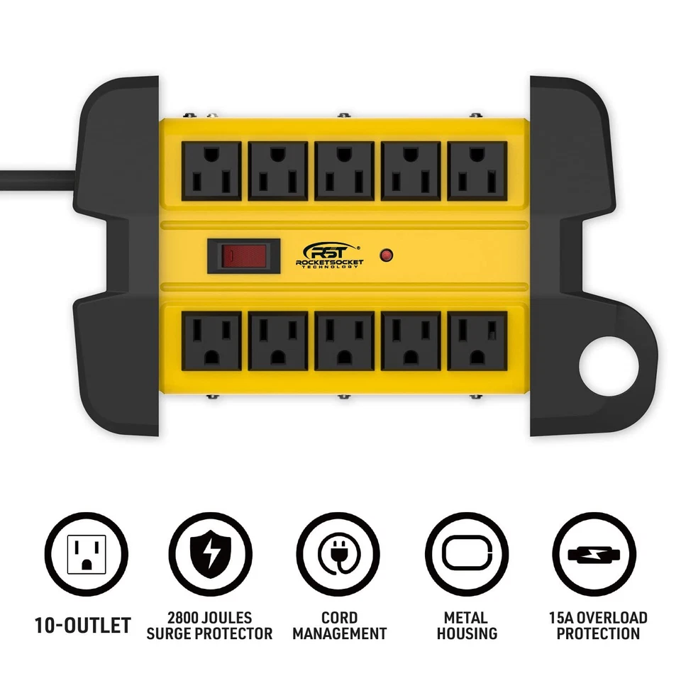 10-Outlet Heavy Duty Power Strip Surge Protector 2800 Joules, 6ft Extension Cord - Image 2 of 4