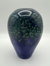 Hand Blown 6  Purple Art Glass Vase w Green  Blue Confetti Swirl  Signed