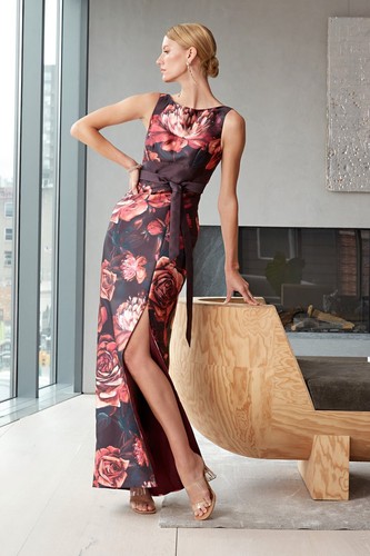 KAY UNGER Rose Floral Print Belted Bow Tie Carina Mikado Hi-Slit Column Gown 12 - Picture 3 of 10
