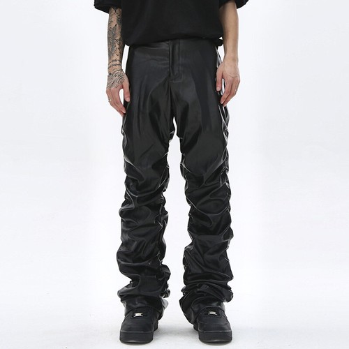 Men Metallic Shiny Black Faux Leather Pants Ruffle Gothic Trouser Wet Look Cargo - Picture 3 of 10