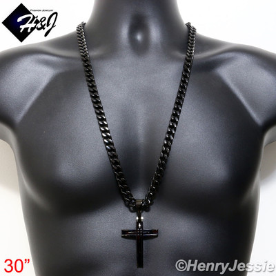 18-36MEN Stainless Steel 5mm Silver Cuban Curb Chain CZ Cross Pendant*P87