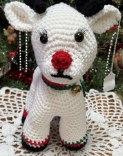 Hand crochet White Reindeer With Eyelashes, Red Nose and Bell.