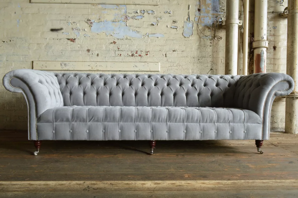 HANDMADE 4 SEATER SILVER GREY VELVET CHESTERFIELD SOFA FABRIC