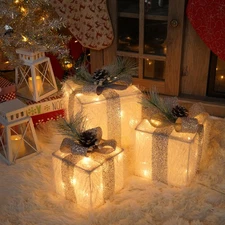 Set of 3 Christmas Lighted Gift Boxes with 60 LED Lights, Plug-in Holiday Dec...