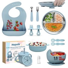 Pack Silicone Baby Feeding Set, BPA-Free Stainless Steel Toddler 13 Blue