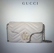 Brand New Gucci GG Marmont Super Mini Light Gray Matelasse Leather Crossbody Bag