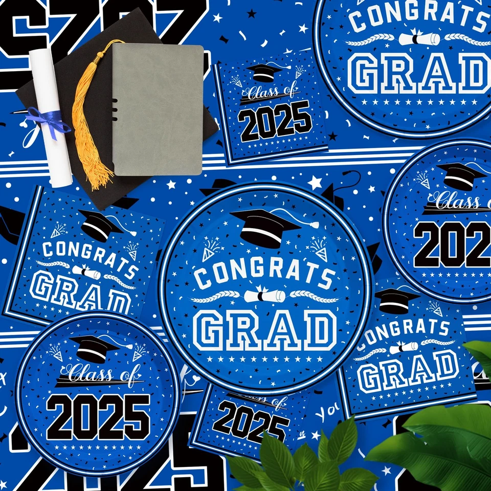 121 peças decorações de formatura 2025 pratos azuis guardanapos toalha de mesa conjunto de festa - Imagem 2 de 4
