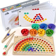 Wooden Learning Montessori Toys Wooden peg Board Bead Game Baby Rainbow Sta...