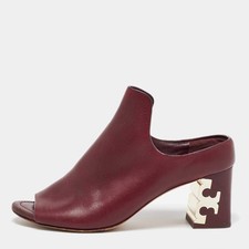 Tory Burch Burgundy Leather Block Heel Mules Size 37.5