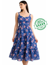 Womens Cotton Blue Floral Midi Dress Smocked Sleeveless Beach Boho Summer Tiered