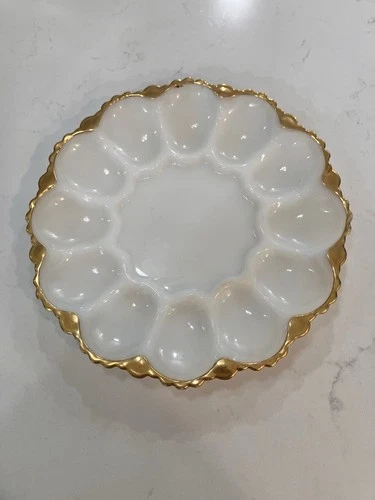 Vintage 10" White Milk Glass Gold Trim Deviled Egg Serving  Dish for Eggs.