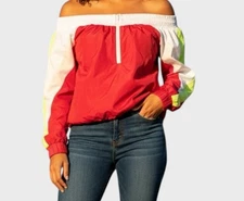 Vintage Windbreaker jacket Colorblock Off Shoulder cropped 1/4 Zip athletic wear