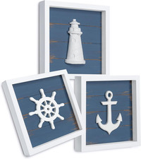 Tideandtales 3D Nautical Wall Decor Famed Set of 3 Anchor, Lighthouse and Ship