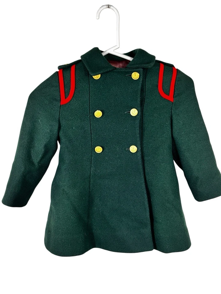 Vintage FW Fischer Union Made Green Red Wool Pea Coat Kids Girl Wool Gold Button - Image 2 of 4