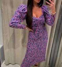 Zara - Floral Printed Midi - Long Puff Sleeve Dress - Size M - NEW