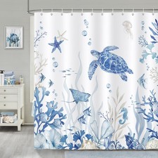 Bonhause Nautical Coastal Shower Curtain, Blue 72"W x 72"H, Beige Turtle
