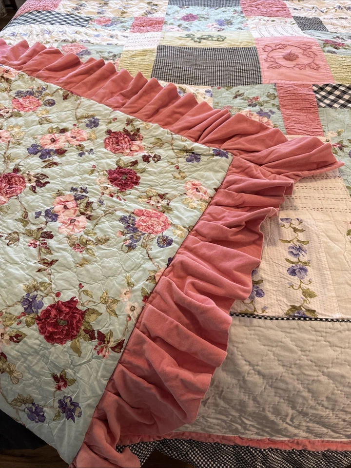 Colcha reversible floral con retazos Tracy Porter rosa azul BOHO ¡Leer!! Foto 2 de 4