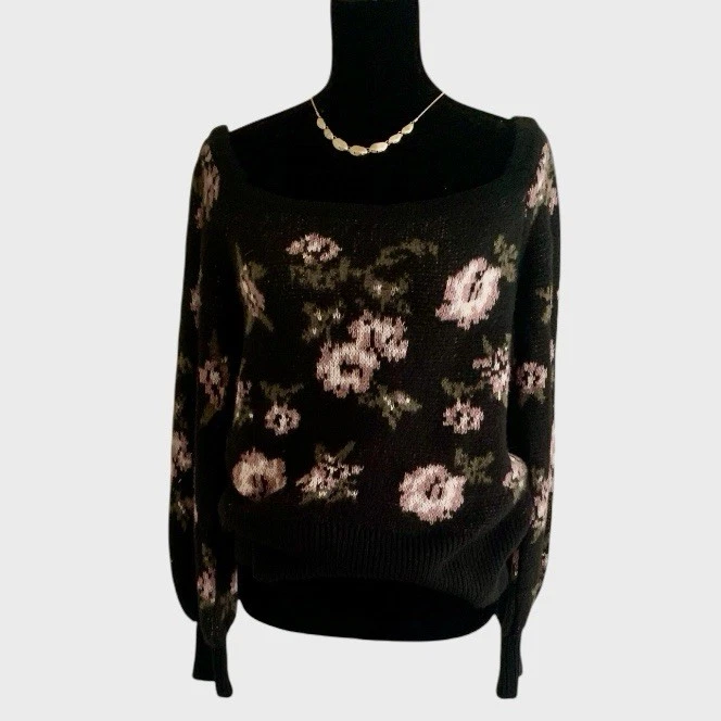 Винтажный вдохновленный Anthropologie цветочный вязаный свитер M квадратный вырез уютный шик - Изображение 2 из 4