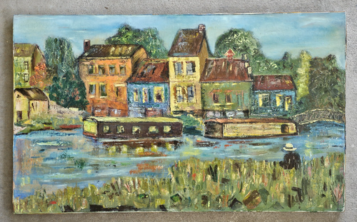Vintage Original Oil on Canvas Painting Colorful Houses Canal Barge River Boats
