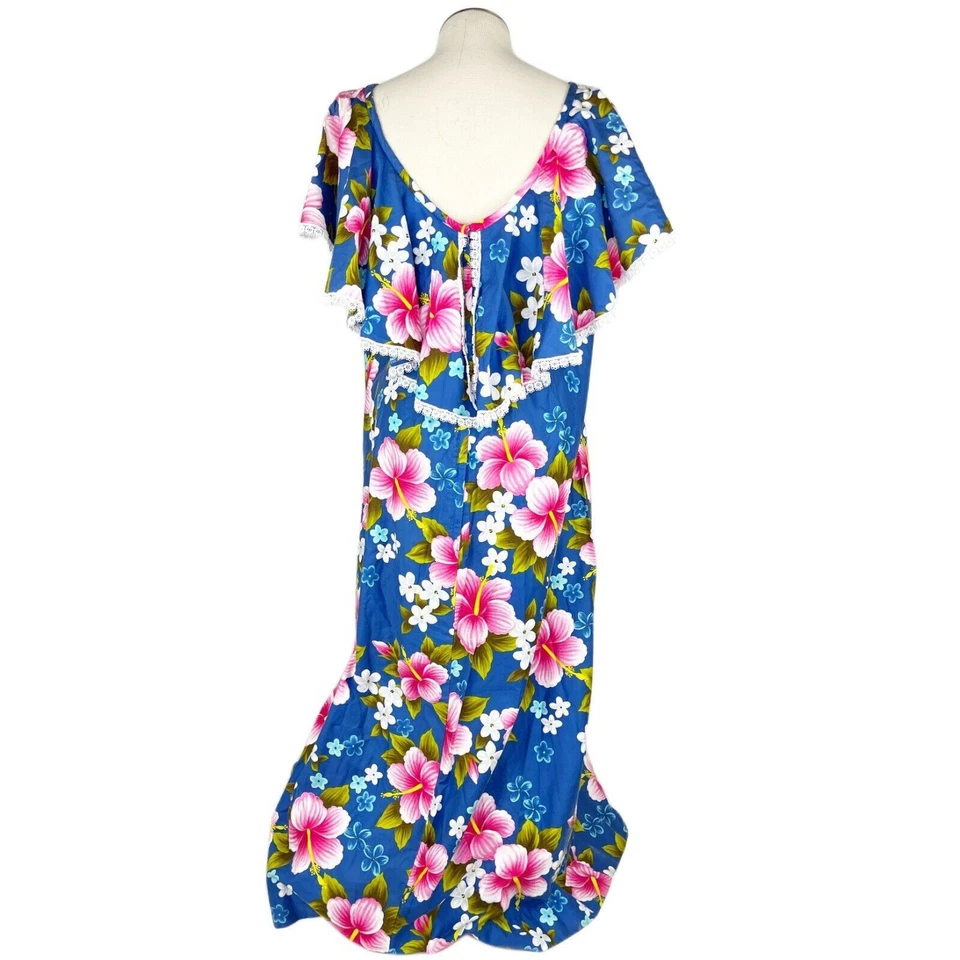 Vestido Hawaiano De Colección Años 70 Tiki Personalizado Talla 18 Harriets of Hawaii Azul Hisbiscus Foto 2 de 4