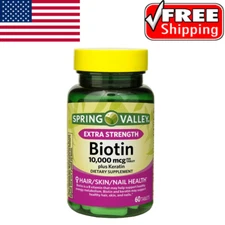 Spring Valley Extra Strength Biotin plus Keratin Tablets, 10000 Mcg, 60 Count.