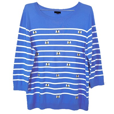 Talbots Crewneck Sweater Womens Sz 1X Stripe Embroidered Bee Apiarist Bee Lover