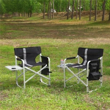 Padded Folding Camping Chair Oversized Outdoor Chair with Side Table and Storage