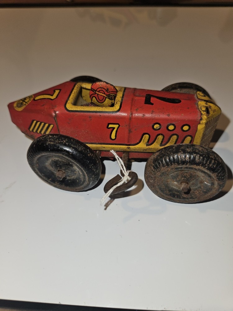 Vtg Marx Wind Up Race Car Tin Litho Red Yellow 7