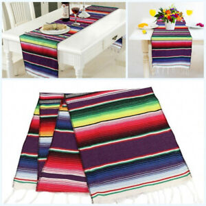 2pcs Mexican Serape Table Runner Blanket Fringe Cotton Tablecloth Party Decor