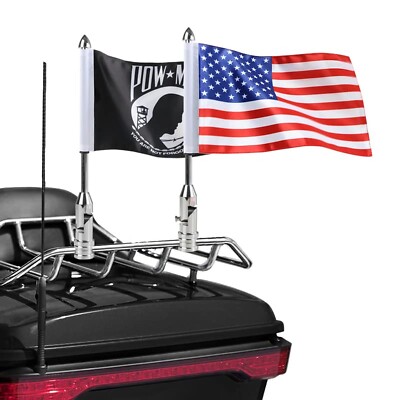 2 Pack Motorcycle Flag Pole Fold Down 90° with American Flag and Pow-mia Fl
