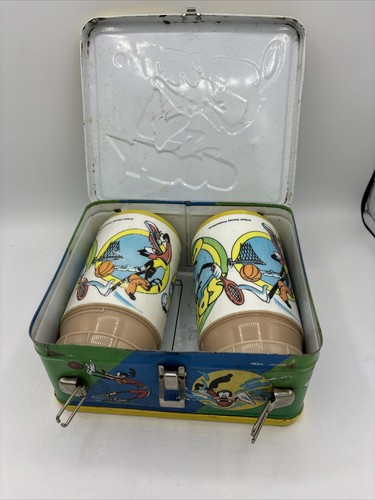 Porta pranzo vintage Aladdin Sport Pippo in metallo e 2 thermos anni 70. Manico rotto Y4 - Foto 8 di 13