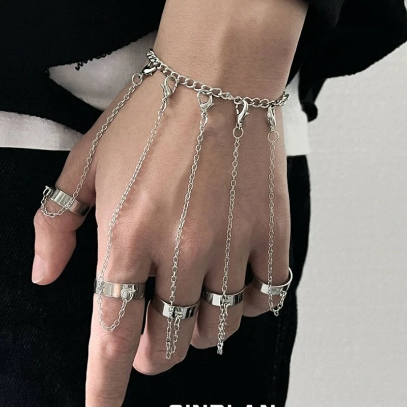 Double Finger Chain Rings for Women Men Hip Hop Punk Cross Silver Color  Chain Ring Adjustable Double Link Rings Fashion Gothic Opening Ring