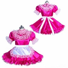 Adult girl Sissy Maid Lockable Satin Dress Cosplay Costumes CD/TV Tailored
