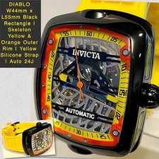 44mm Auto Skeleton | Yellow/Orange DIABLO | Black Rectangle Invicta  Mens Watch
