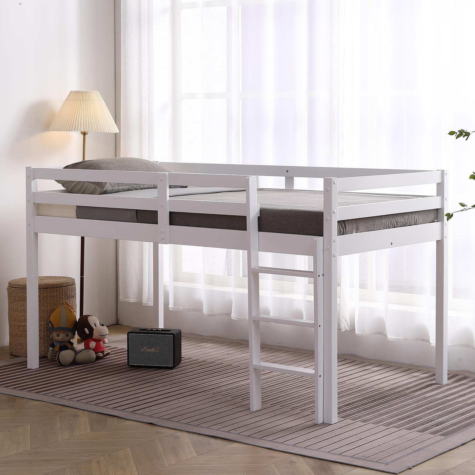 Twin Size Loft Bed with Ladder and Safety Guardrail Solid Wood Frame