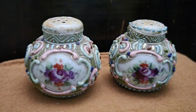 Moriage Raised Antique Hand Painted Salt & Pepper Shaker Porcelain Delicate Rose
