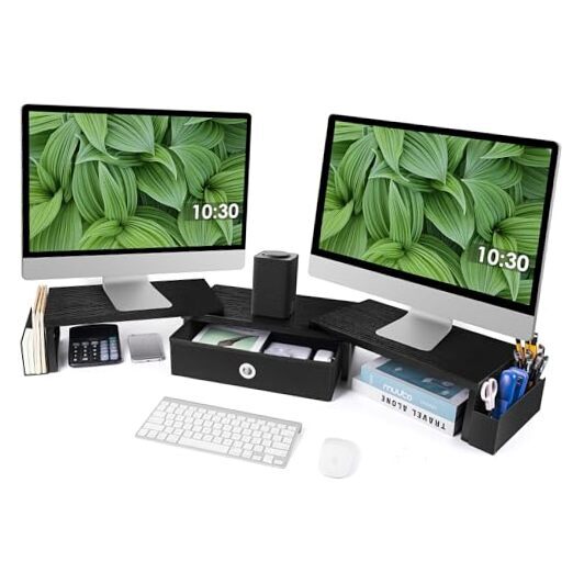 Dual Monitor Stand Riser w/ Drawer & Metal Leg, Large Black-Dual Monitor Riser