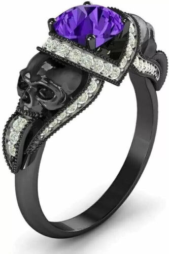 3CT Two Skull Round Lab Created Sapphire Engagement Ring 14K Black Gold Plated - Picture 1 of 3