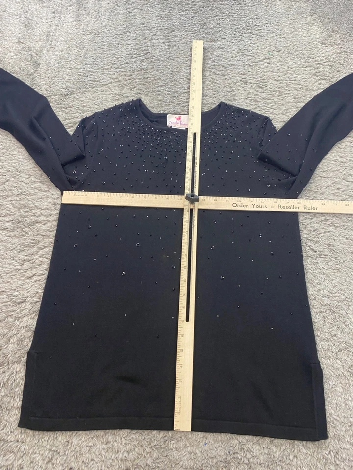 Quacker Factory Sweater Womens Medium Black Beaded Rhinestone Bling Granny Vtg - Image 4 of 4