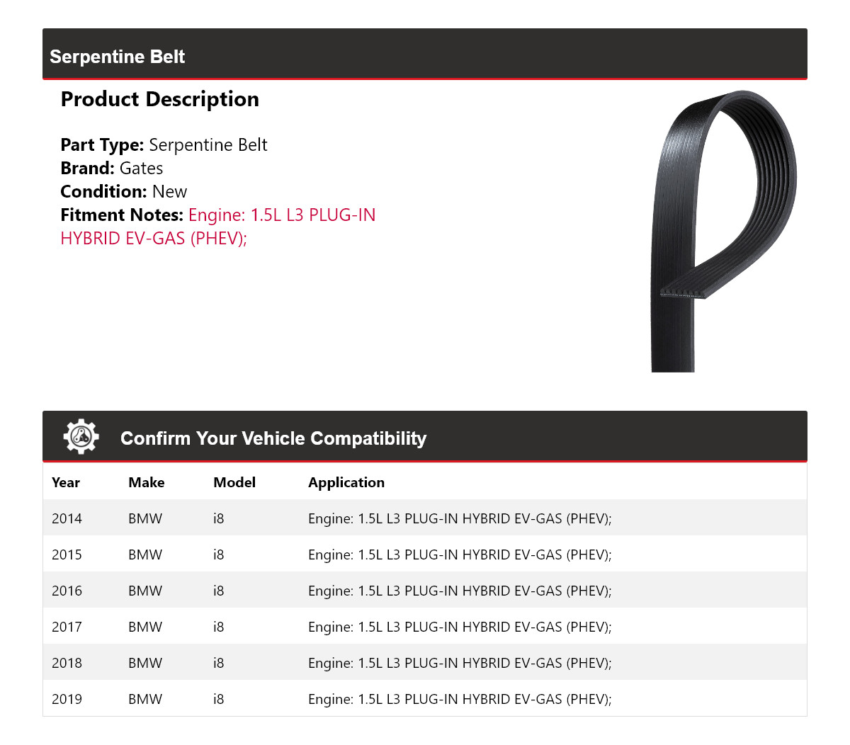 For 2014-2019 BMW i8 1.5L L3 PLUG-IN HYBRID EV-GAS (PHEV) Serpentine Belt Gates
