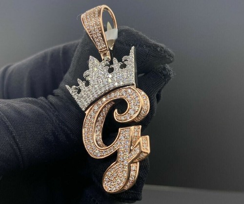 G Initiale Krone Charm Anhänger 3Ct Rund Lab Created Diamant 14K Gelbgold Over - Bild 1 von 7
