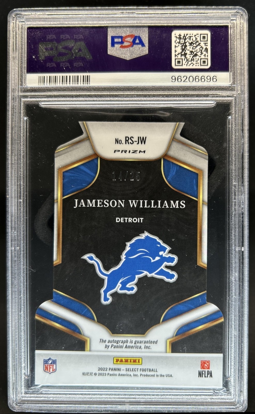 2022 Select Jameson Williams Rookie Die Cuts RC Tie Dye Prizm Auto #/25 PSA 10 view 2