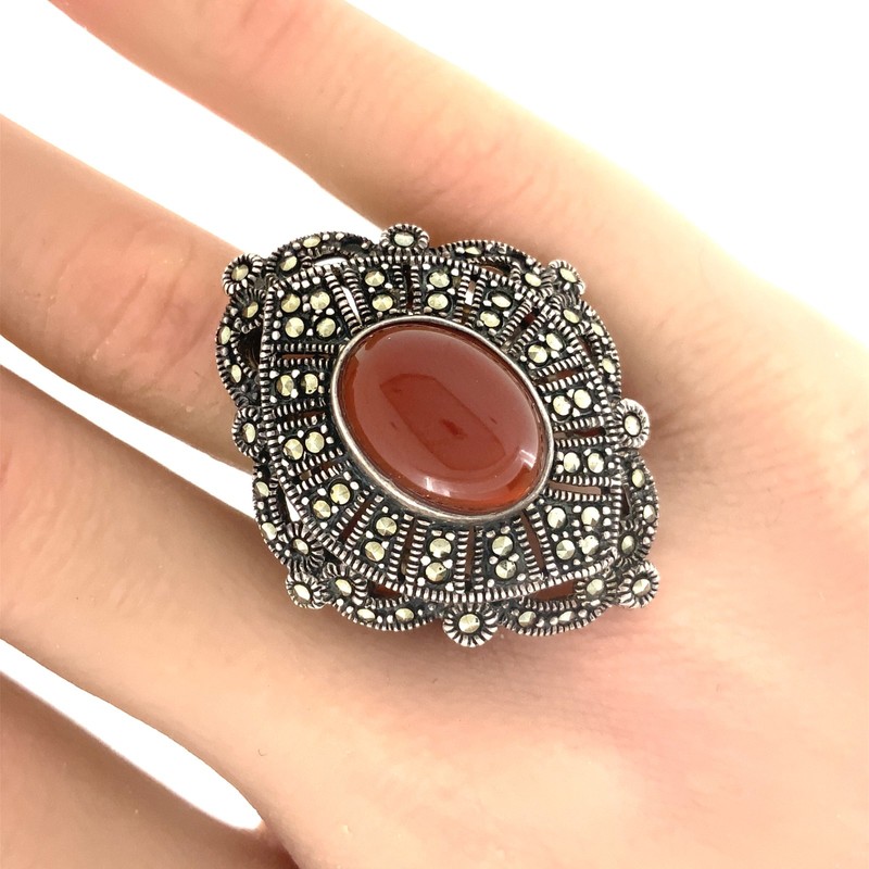 Thai Marcasite, Carnelian, Sterling Silver Filigree Ring Sz. 9.75