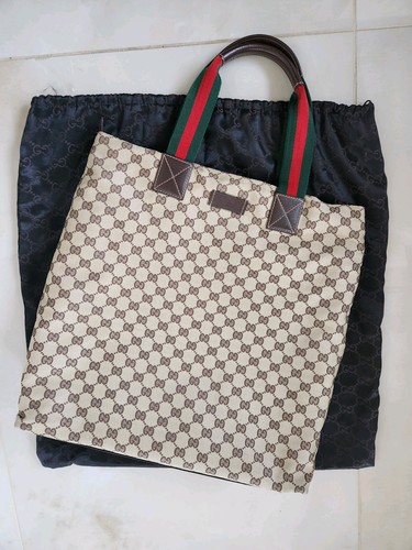 Authentic GUCCI Logo Canvas Zip Tote Bag Large