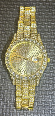 Hip Hop Iced Watch Gold-Toned Rapper Bling Simulated Diamond Studded Dial Luxury