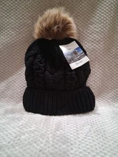 RELIANT WINTER WEAR Beanie Hat Wmns Black Chunky Cable Knit Faux Fur Pom Bobble